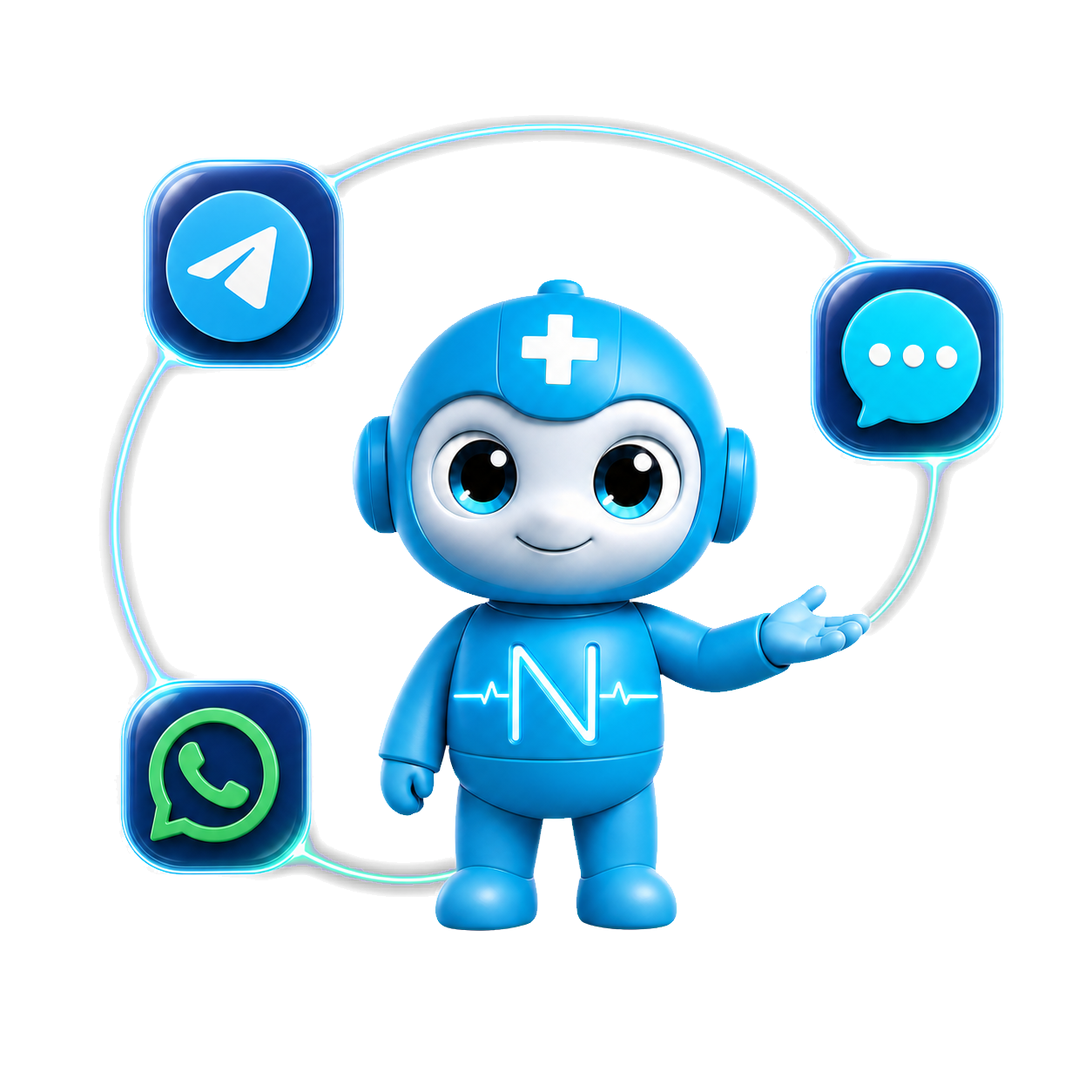 Nalan in his normal blue form presenting a connected orbit of Telegram, Messages and WhatsApp channel icons.