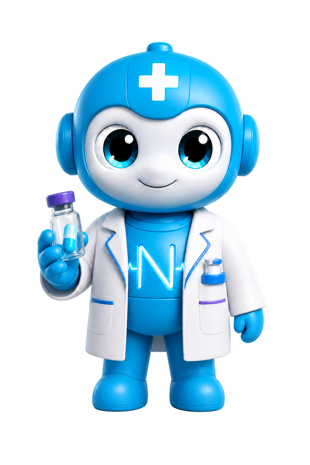 Nalan dressed as a pharmacologist and holding a medicine vial with a capsule.
